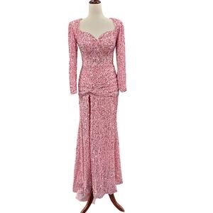NWT Fitted Long Sleeve Sequin Gown with Leg Slit and Corset Back